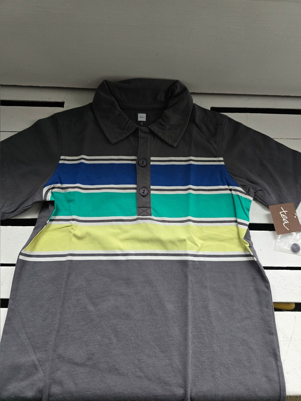 Tea Collection Gray Polo with Blue, Teal & Lime Stripe Accents